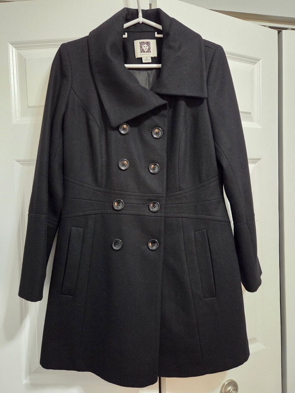 Anne Klein Womens Black Wool Blend Double Breasted Pea Coat Size Small